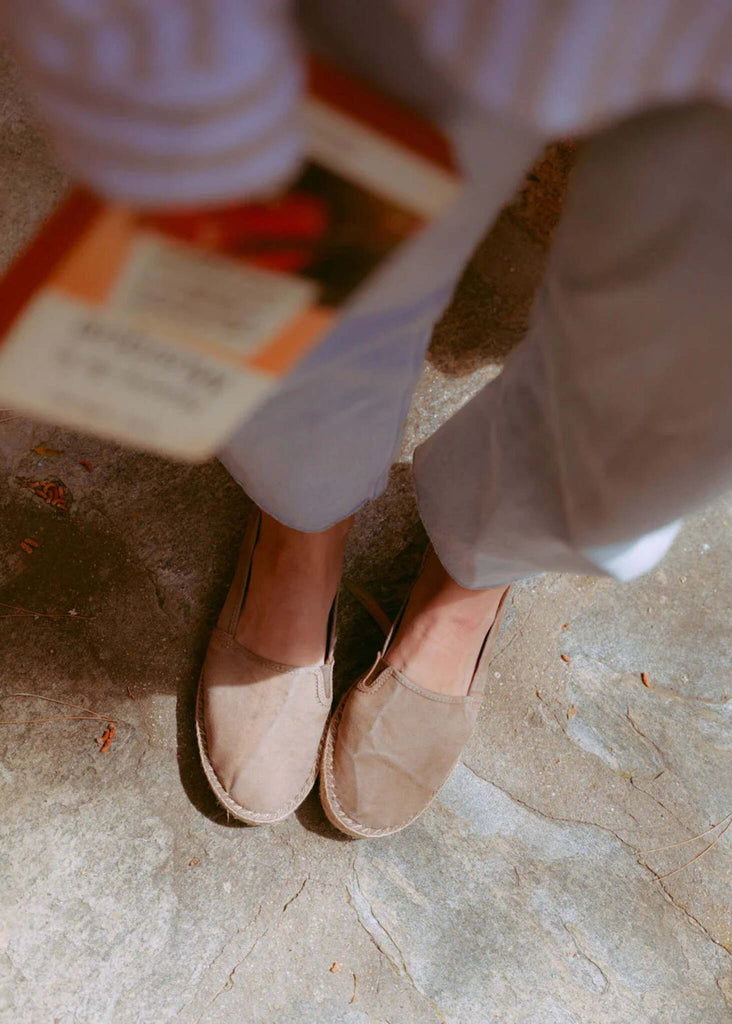 Old Merle Espadrilles — Beige espadrilles on model, detail — MYFASHIONFRUIT