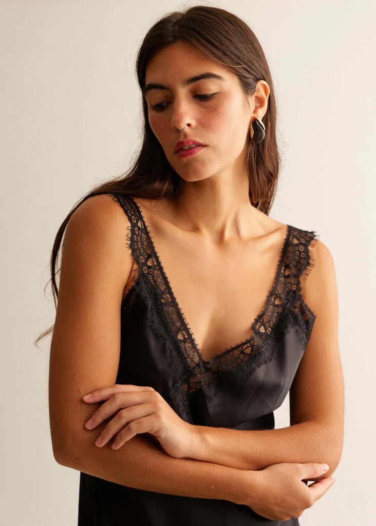 Salome Dress — Black lace trim on model — MYFASHIONFRUIT