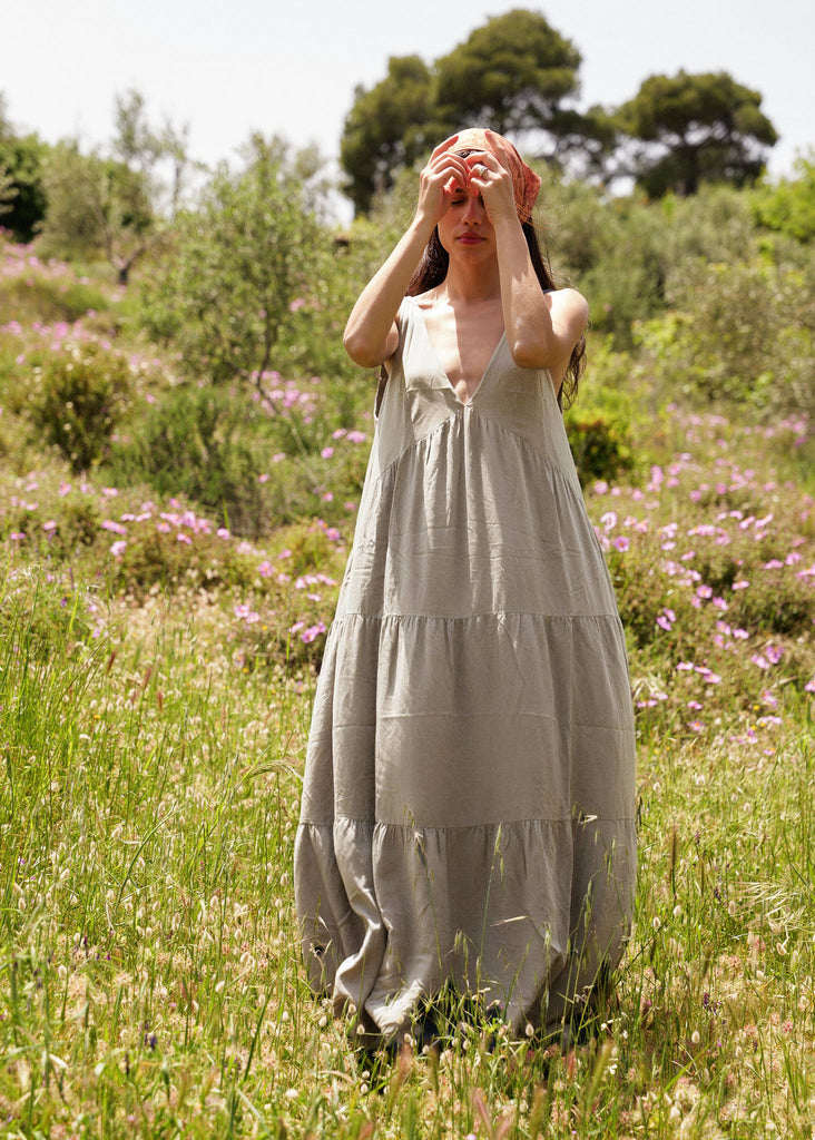 Gaea Dress — Olive linen tiered dress on model — MYFASHIONFRUIT