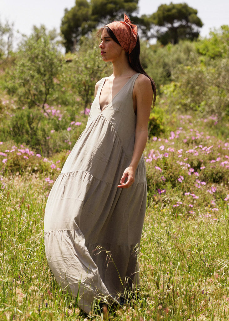 Gaea Dress — Sage tiered dress on model — MYFASHIONFRUIT