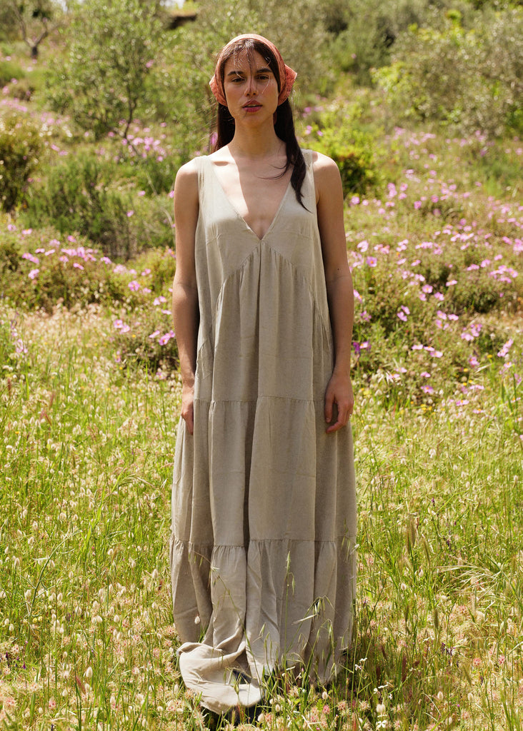 Gaea Dress — Khaki tiered dress on model — MYFASHIONFRUIT