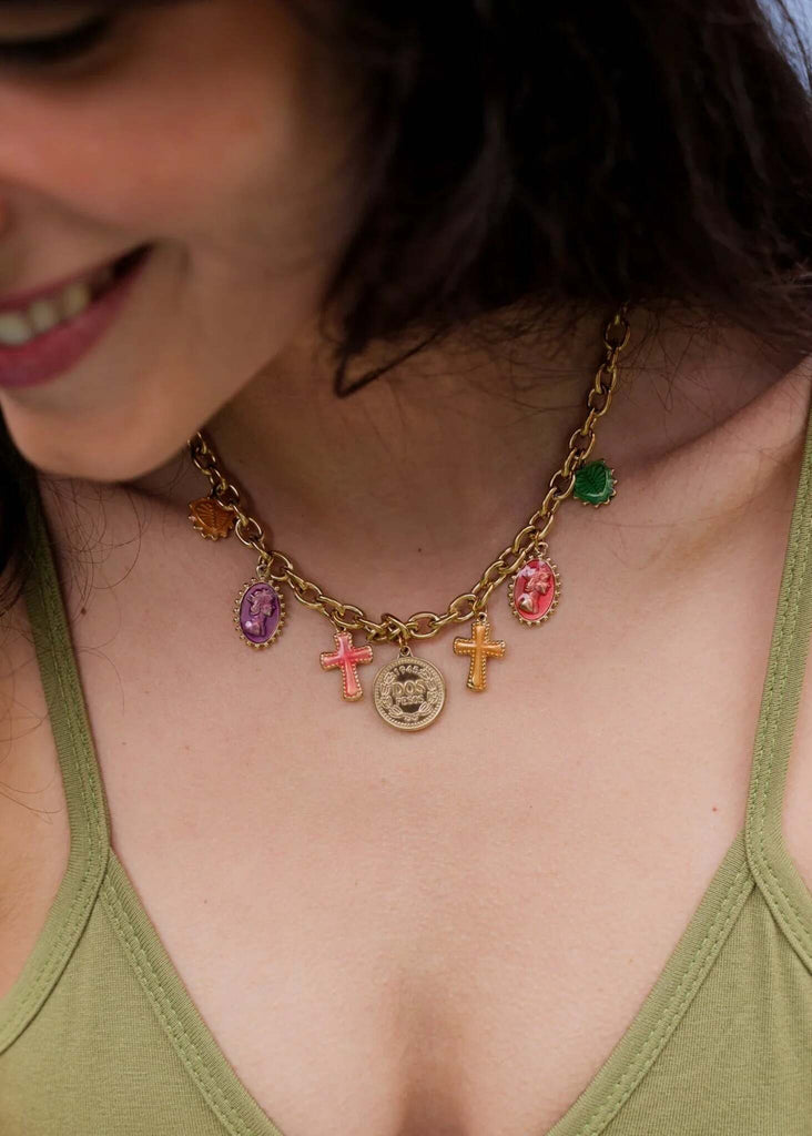 Melisande Necklace — Gold chain with colorful charms on model — MYFASHIONFRUIT