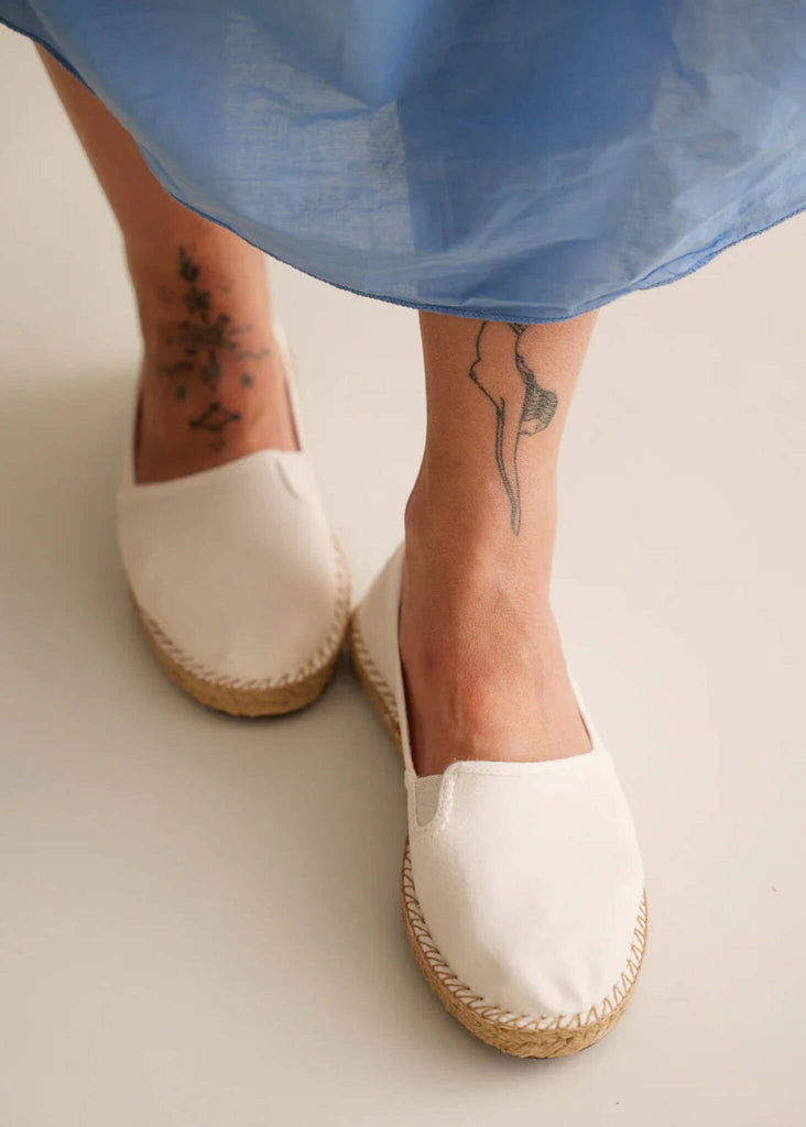 Merle Espadrilles — White canvas espadrilles on model — MYFASHIONFRUIT