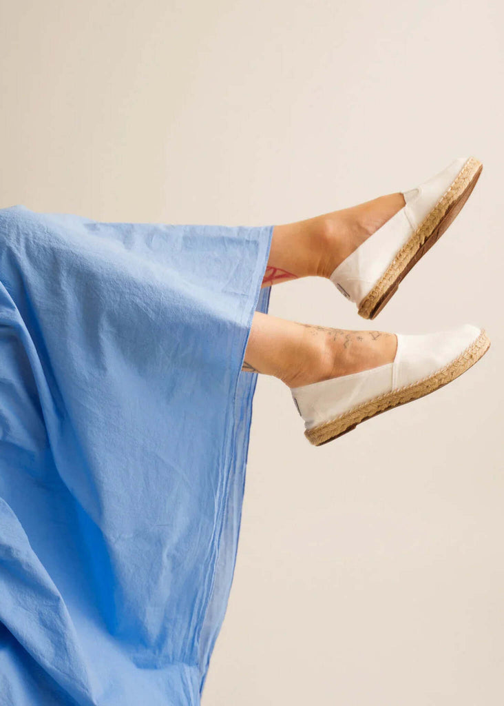 Merle Espadrilles — White espadrilles on model with blue dress — MYFASHIONFRUIT