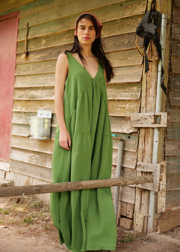 Gaea Dress — Green tiered dress on model — MYFASHIONFRUIT