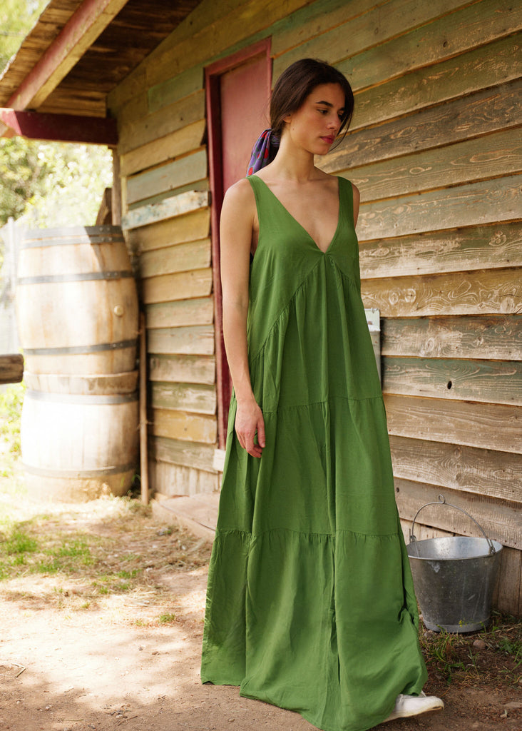 Gaea Dress — Green tiered maxi dress on model — MYFASHIONFRUIT