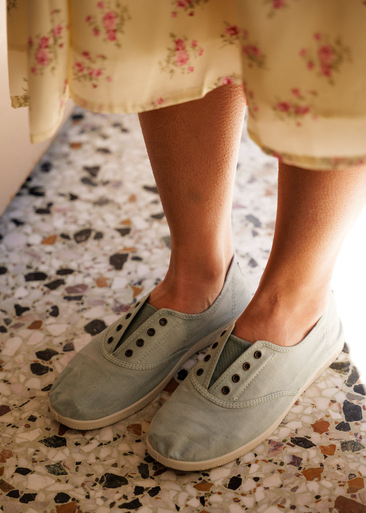 Old Arum Sneakers — Light green canvas shoes on model — MYFASHIONFRUIT