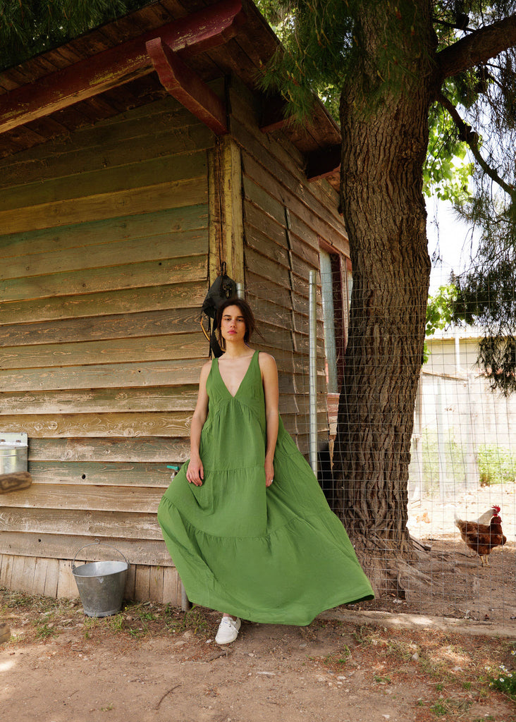 Gaea Dress — Green tiered dress on model — MYFASHIONFRUIT