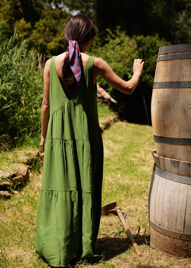 Gaea Dress — Green tiered dress on model, back view — MYFASHIONFRUIT