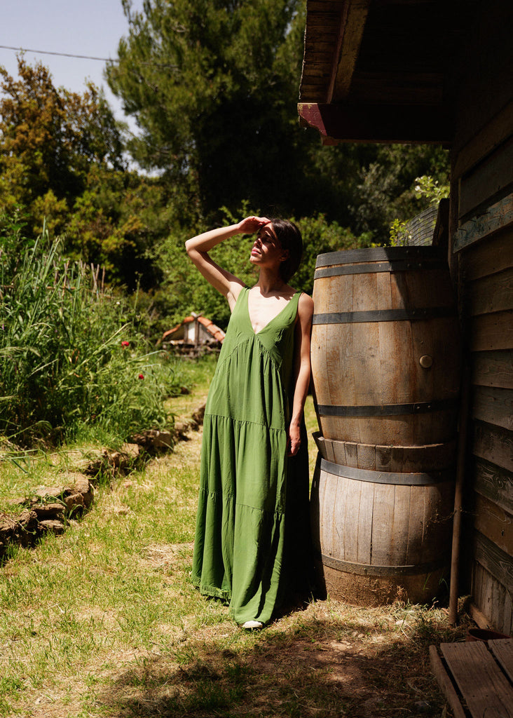 Gaea Dress — Green tiered dress on model — MYFASHIONFRUIT