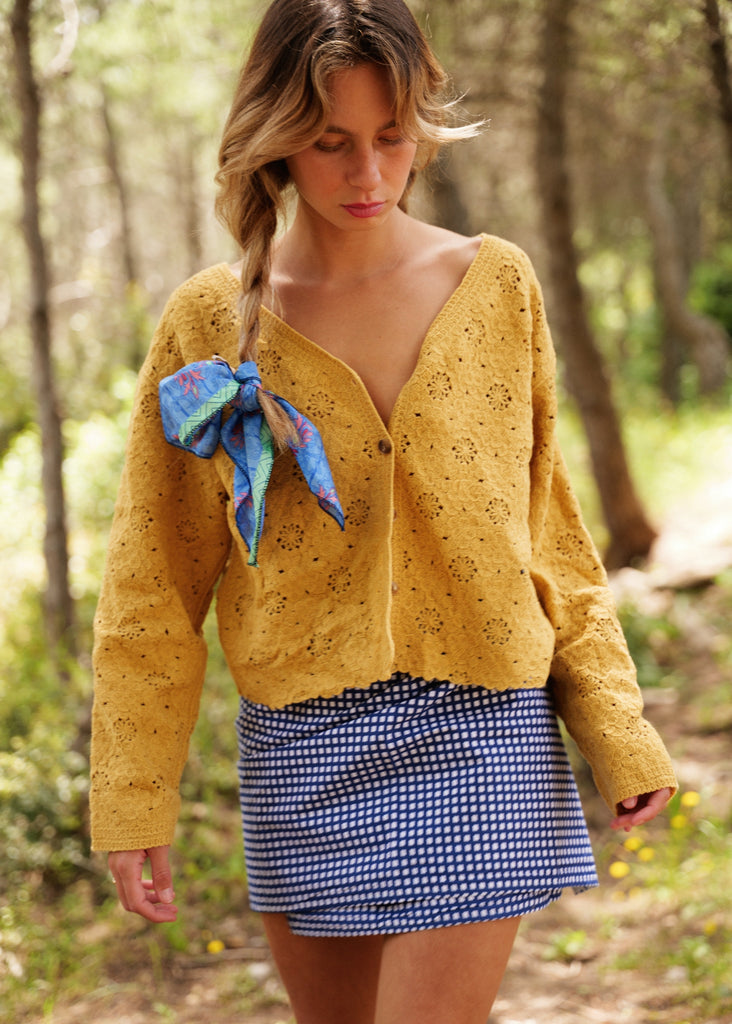 Naia Double-sided Skirt — Blue & white gingham skirt on model — MYFASHIONFRUIT
