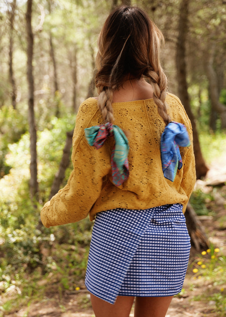 Naia Double-sided Skirt — Blue gingham skirt, yellow knit on model — MYFASHIONFRUIT