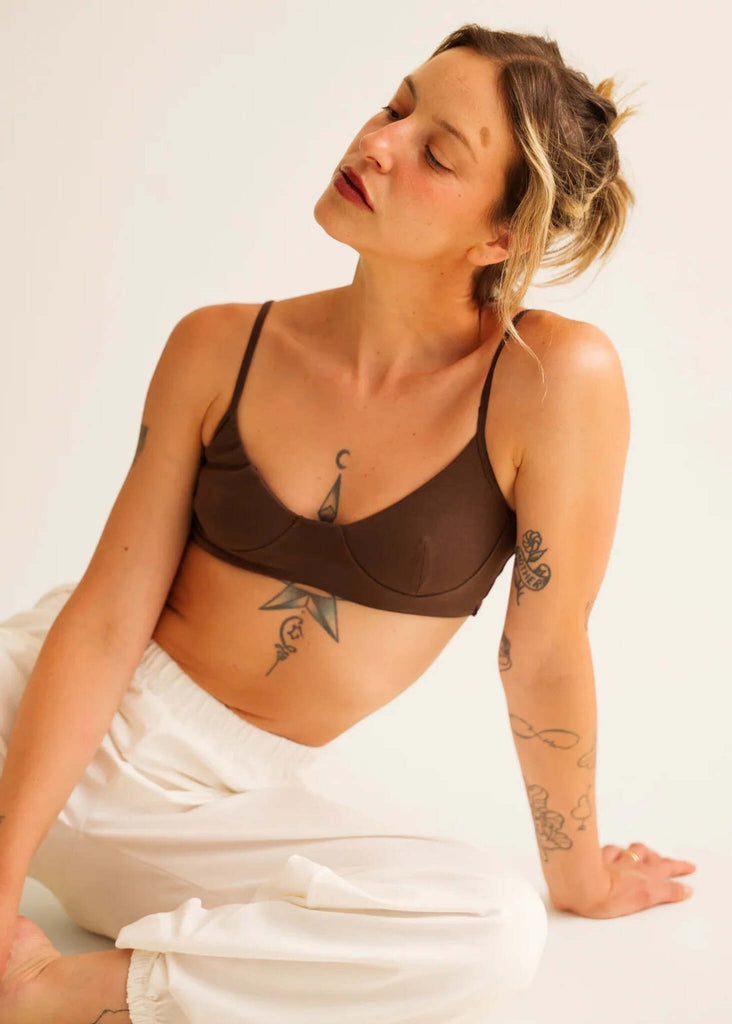 Lotus Bralette — Brown on model with white pants — MYFASHIONFRUIT