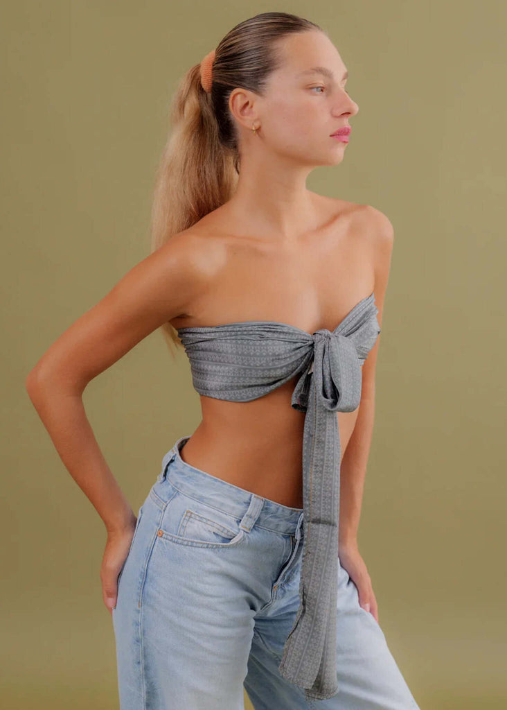 Bijal Silk Scarf - Light Earthies — Grey scarf top on model — MYFASHIONFRUIT