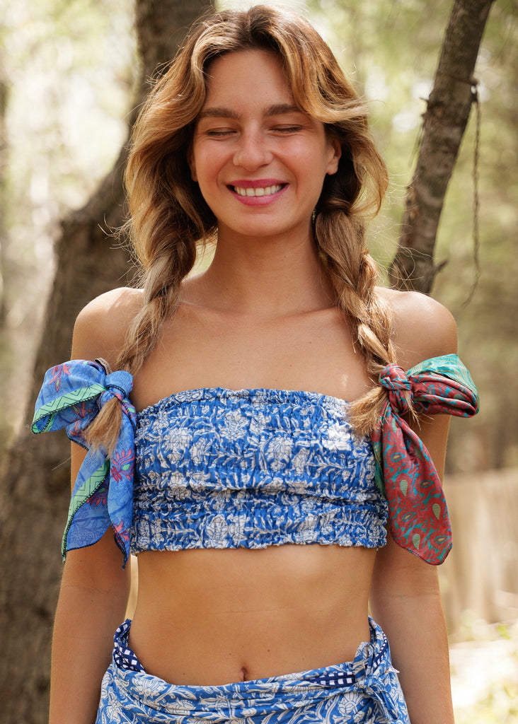 Kaia Top — Blue floral top on model with braided hair — MYFASHIONFRUIT