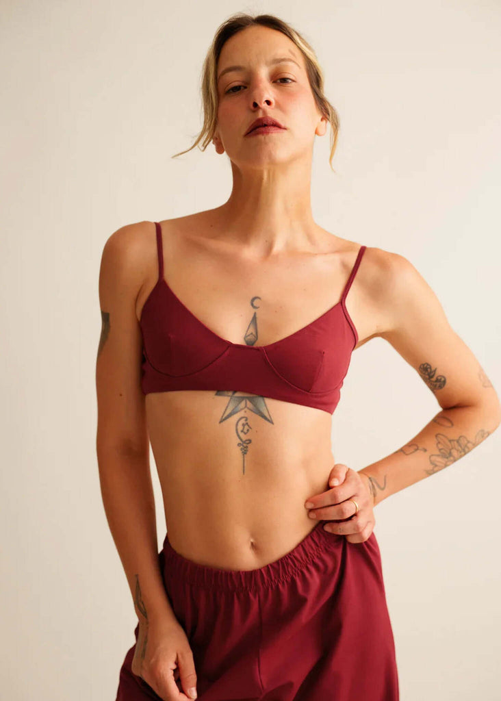 Lotus Bralette — Burgundy bra top on model — MYFASHIONFRUIT