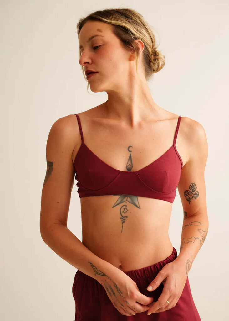 Lotus Bralette — on model, wine-red — MYFASHIONFRUIT