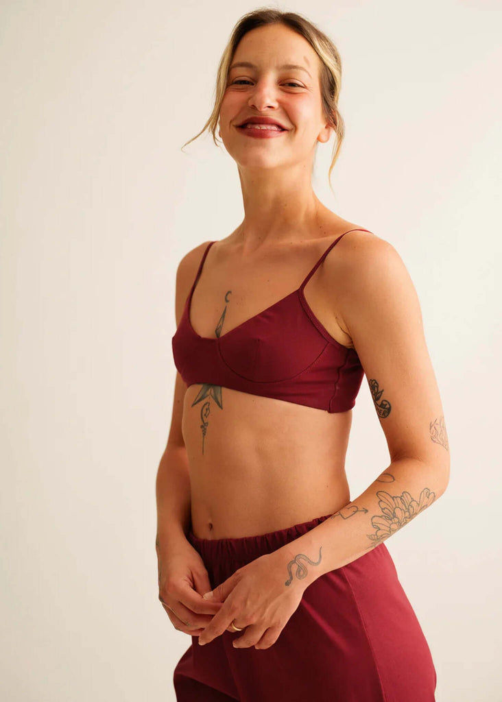 Lotus Bralette — Burgundy bra on model — MYFASHIONFRUIT