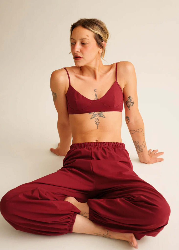 Lotus Bralette — in red on model, with matching pants — MYFASHIONFRUIT