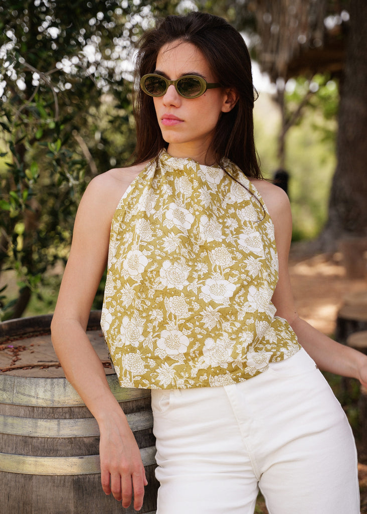 Sajani Top — Floral halter top in olive on model — MYFASHIONFRUIT