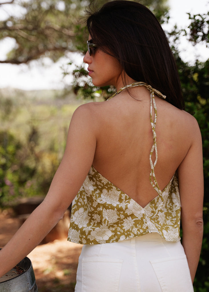 Sajani Top — Back of floral halter on model — MYFASHIONFRUIT