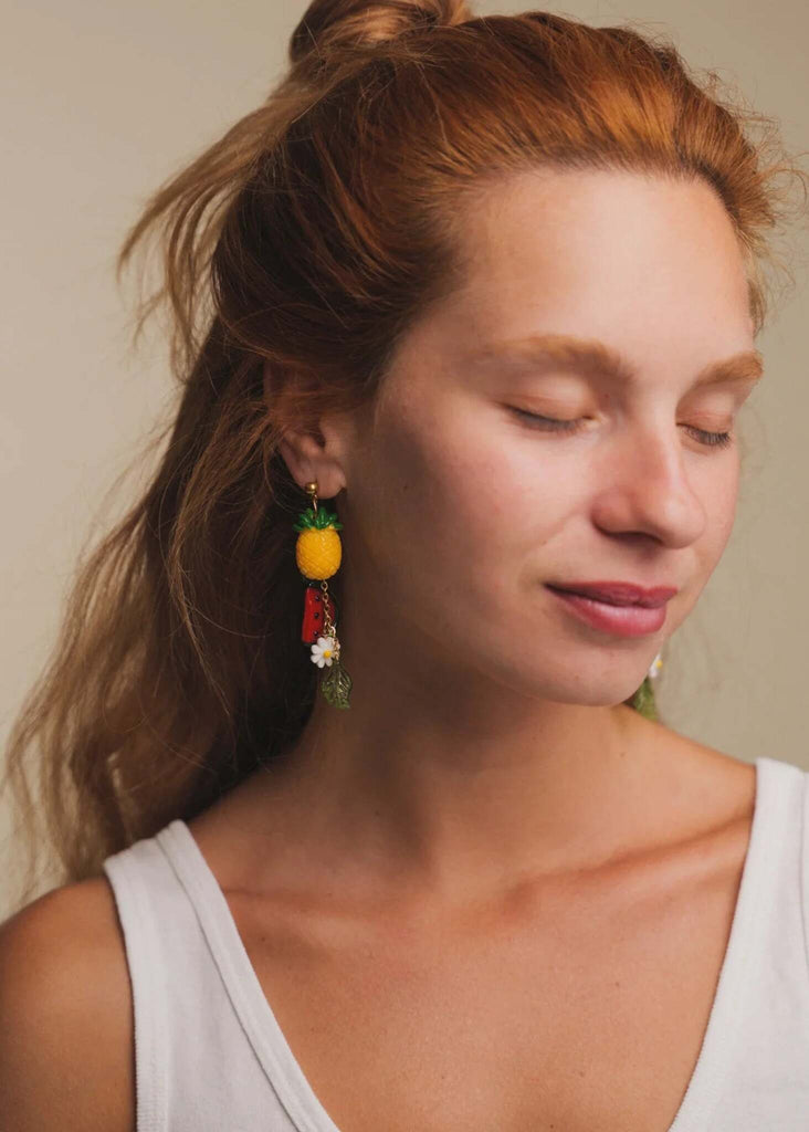 Fruit Salad Earrings — on model, pineapple and flower detail — MYFASHIONFRUIT