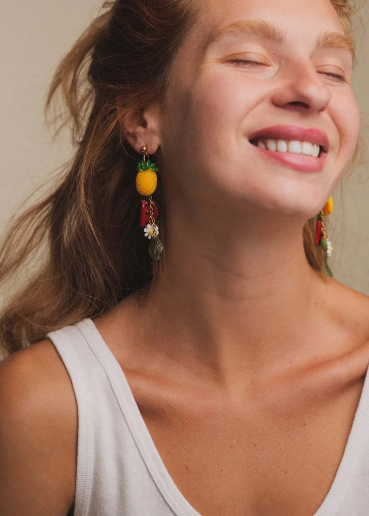 Fruit Salad Earrings — on model, colorful fruit & flower detail — MYFASHIONFRUIT
