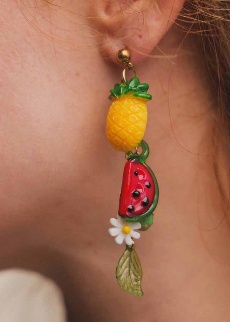 Fruit Salad Earrings — detail of fruit earrings on model — MYFASHIONFRUIT