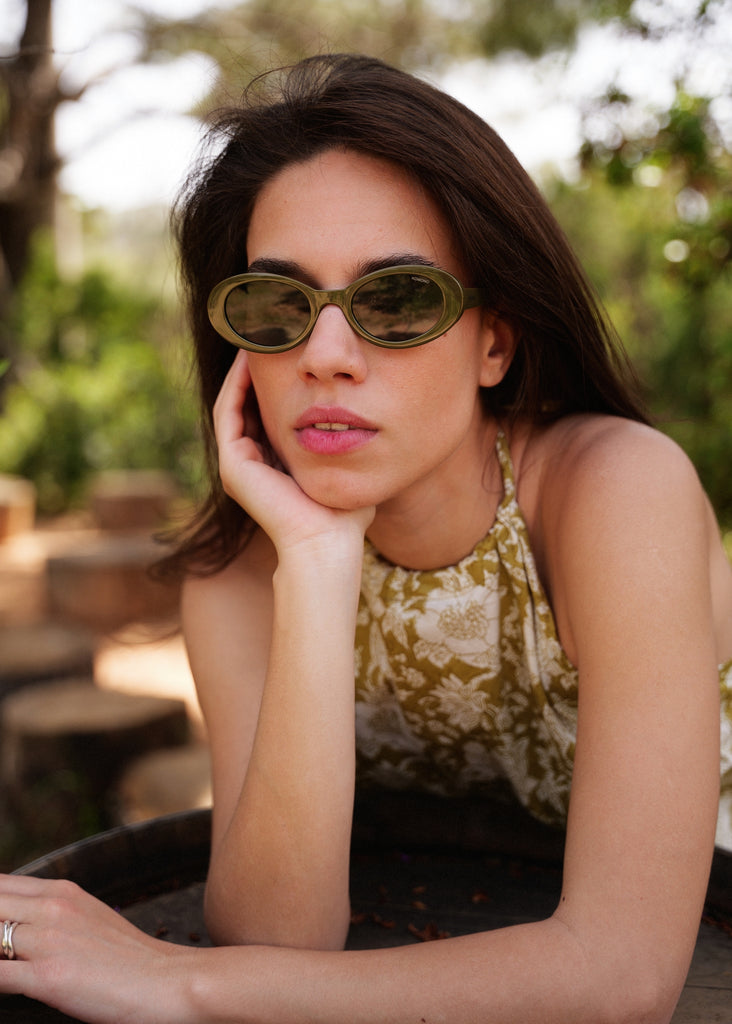 Komono ANA Hazel Sunglasses — Green oval sunglasses on model — MYFASHIONFRUIT