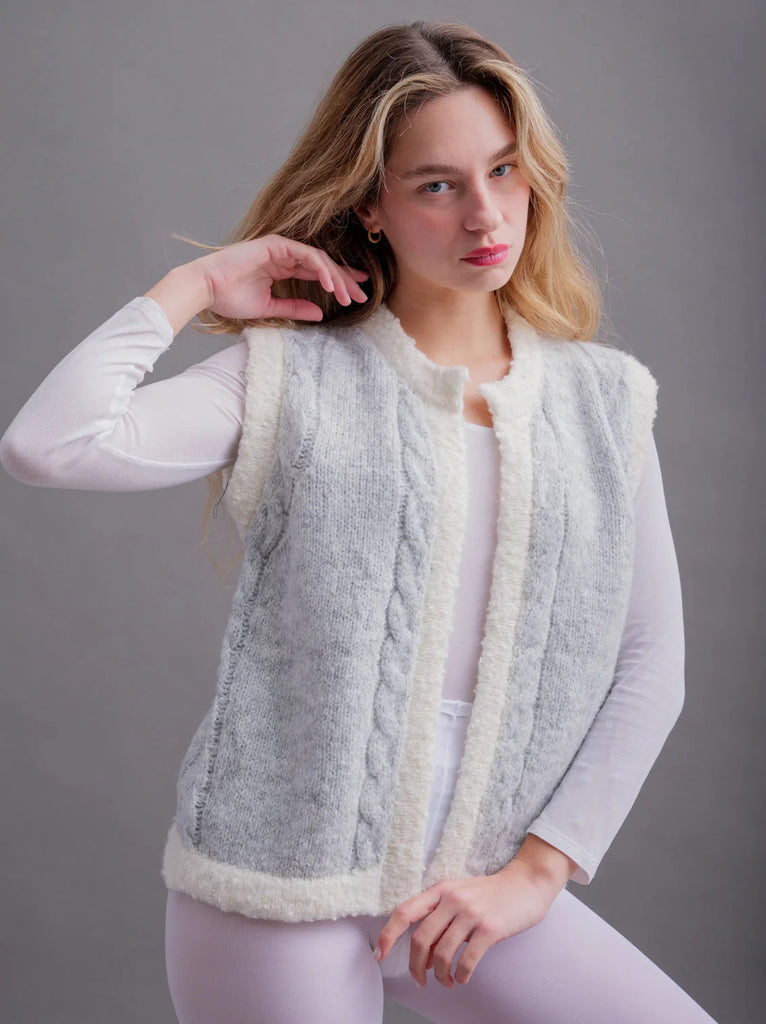 Ameline Vest — grey knit vest with cream trim on model — MYFASHIONFRUIT