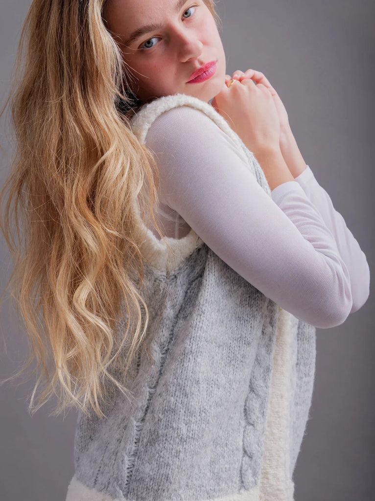 Ameline Vest — Grey knit vest with cable detail on model — MYFASHIONFRUIT