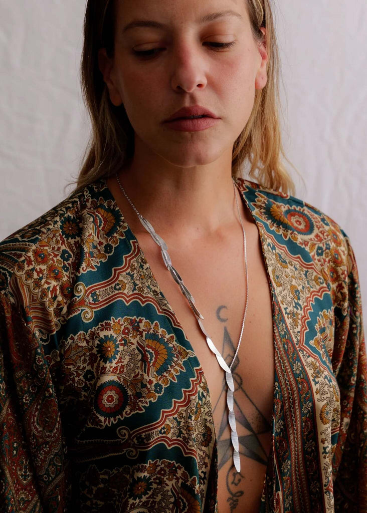 Edyth Necklace — Silver long leaf necklace on model — MYFASHIONFRUIT