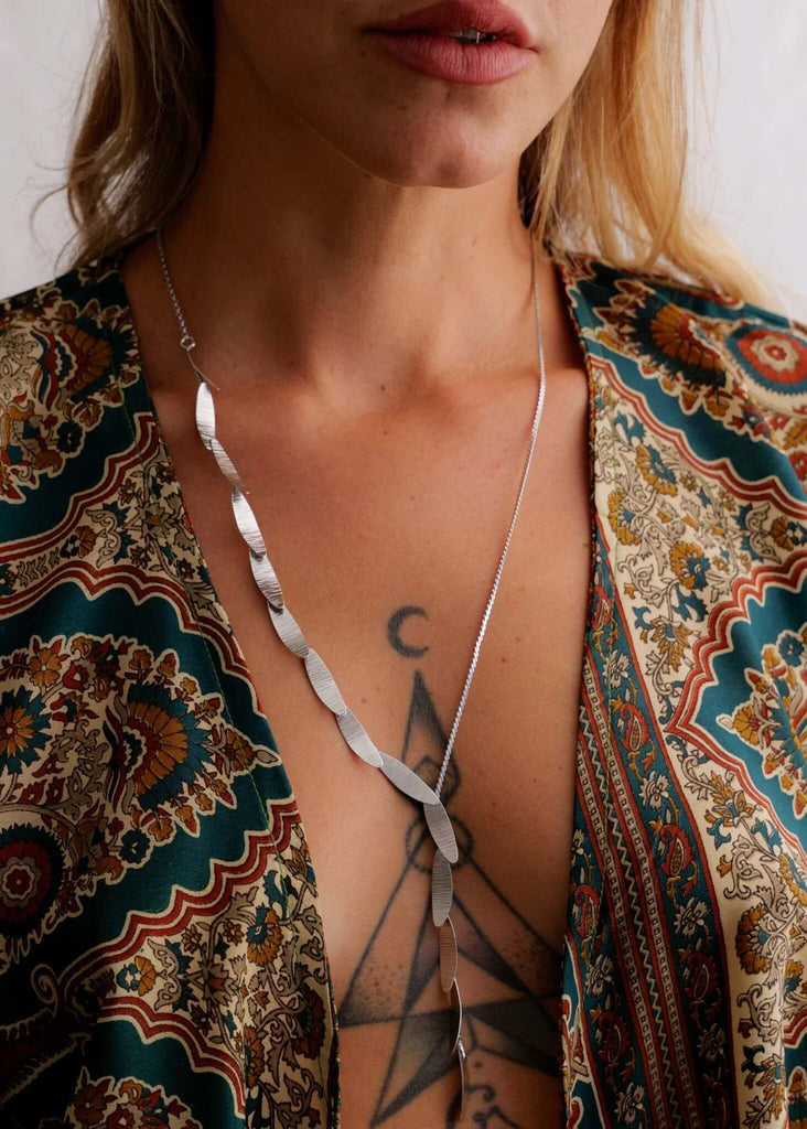 Edyth Necklace — Silver leaf detail on model — MYFASHIONFRUIT