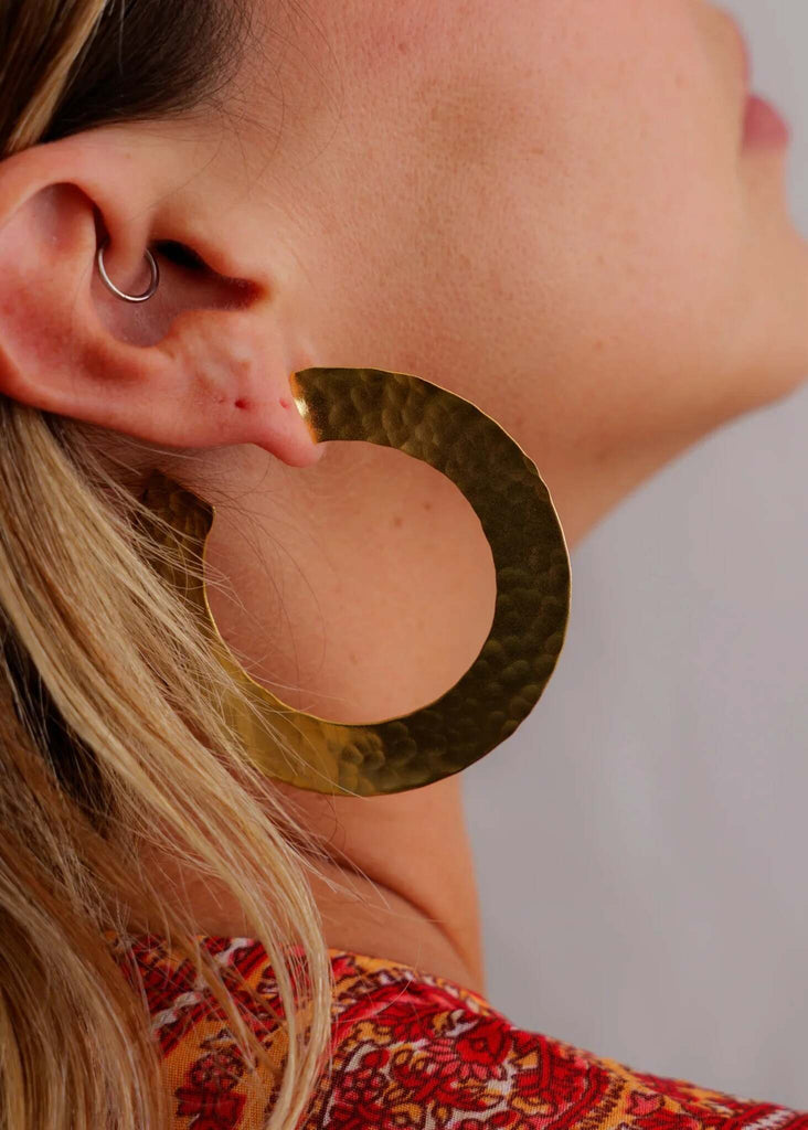 Candra Golden Hoops — gold hammered hoops on model, detail — MYFASHIONFRUIT