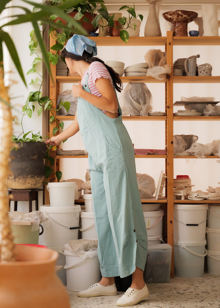 Mayaa Dungarees — Light blue on model, wide leg — MYFASHIONFRUIT