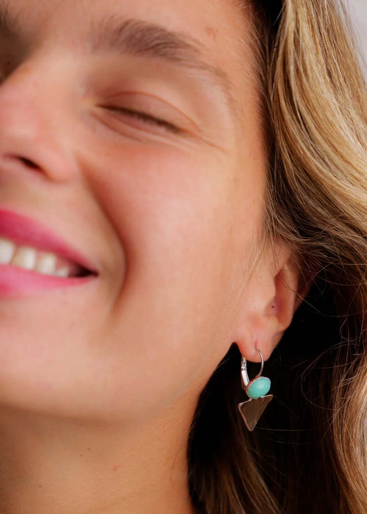 Deep Ocean Earrings — Silver and turquoise earrings on model — MYFASHIONFRUIT