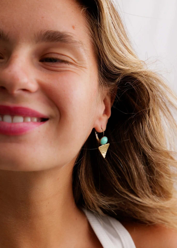 Deep Ocean Earrings — On model, gold & turquoise detail — MYFASHIONFRUIT