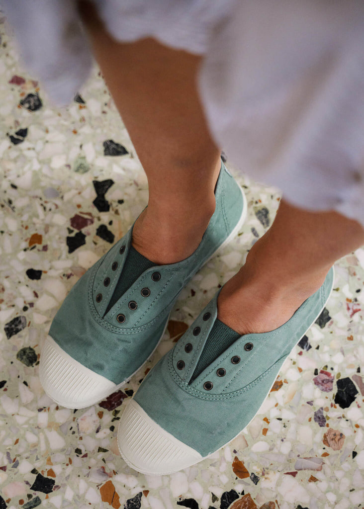 Old Lavanda Sneakers — Green canvas sneakers on model — MYFASHIONFRUIT