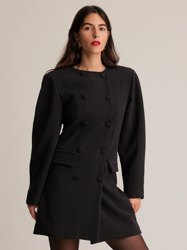Jenn Blazer Dress — black, double-breasted on model — MYFASHIONFRUIT