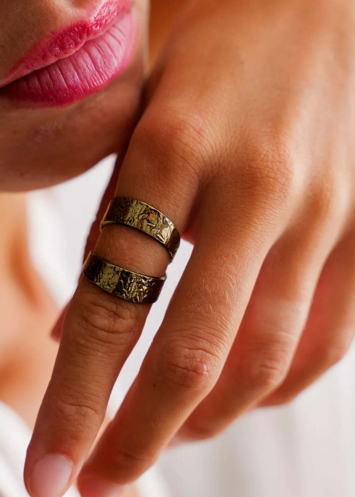 Fall Apart Bronze Ring — detail on model, two bronze textured rings — MYFASHIONFRUIT