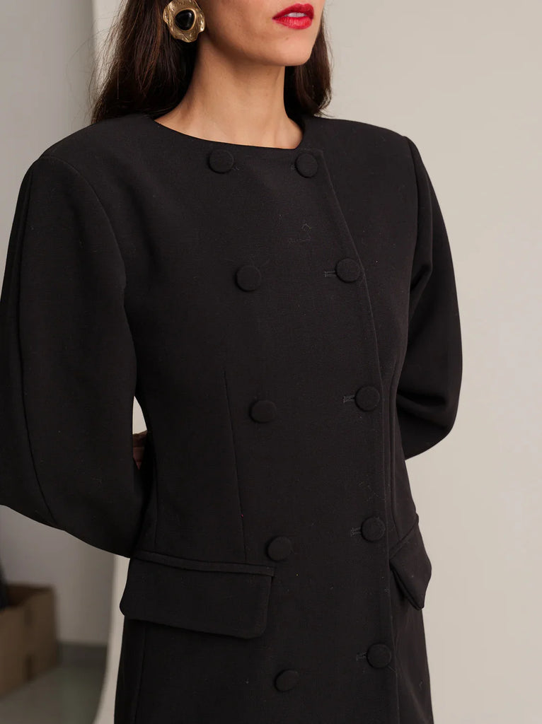 Jenn Blazer Dress — black, double-breasted on model — MYFASHIONFRUIT