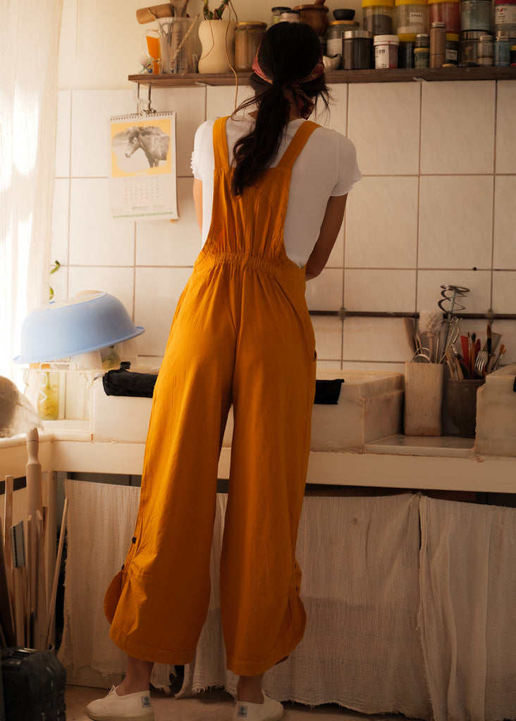 Mayaa Dungarees — Mustard linen on model, full back view — MYFASHIONFRUIT