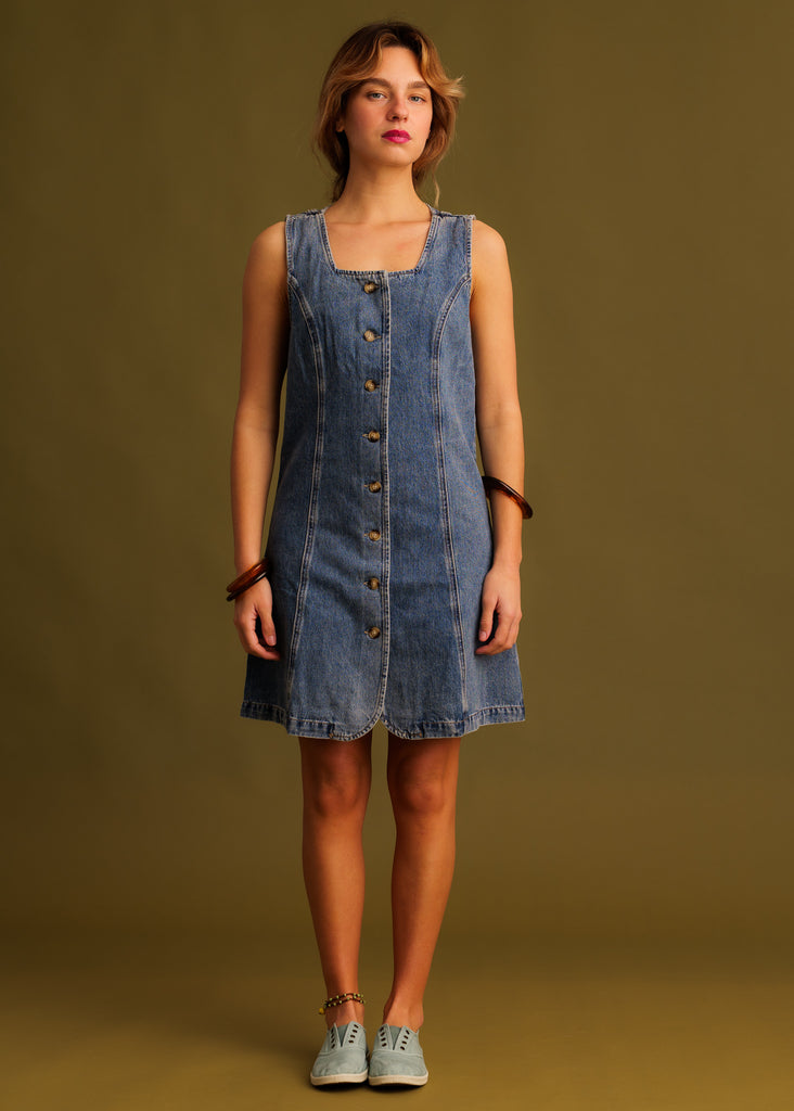 Romy Dress — Denim dress with buttons on model — MYFASHIONFRUIT