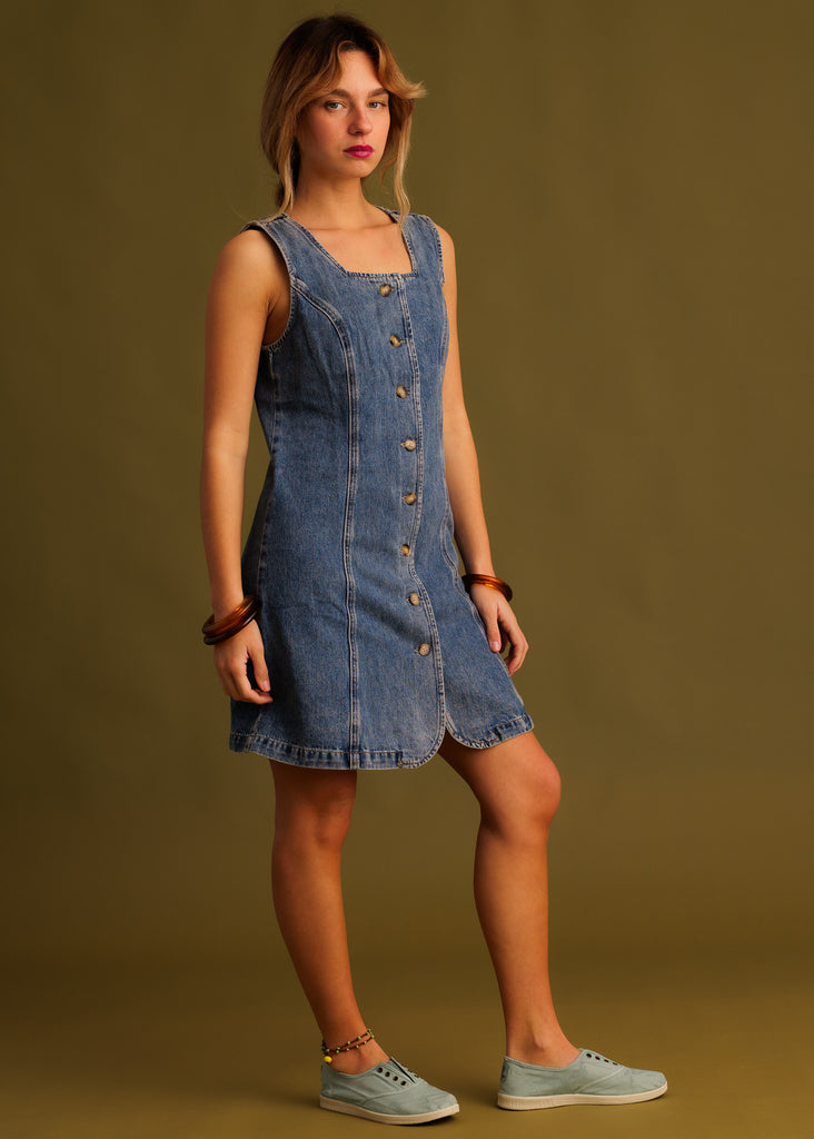 Romy Dress — Denim dress with buttons on model — MYFASHIONFRUIT