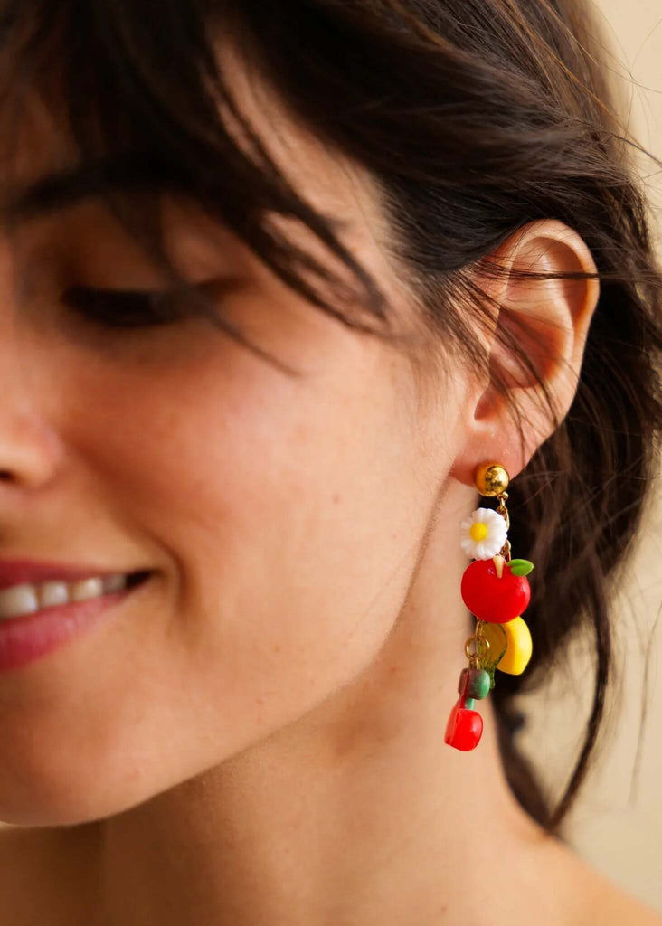 Sour Cherry Earrings — detail, fruit and flower earrings on model — MYFASHIONFRUIT