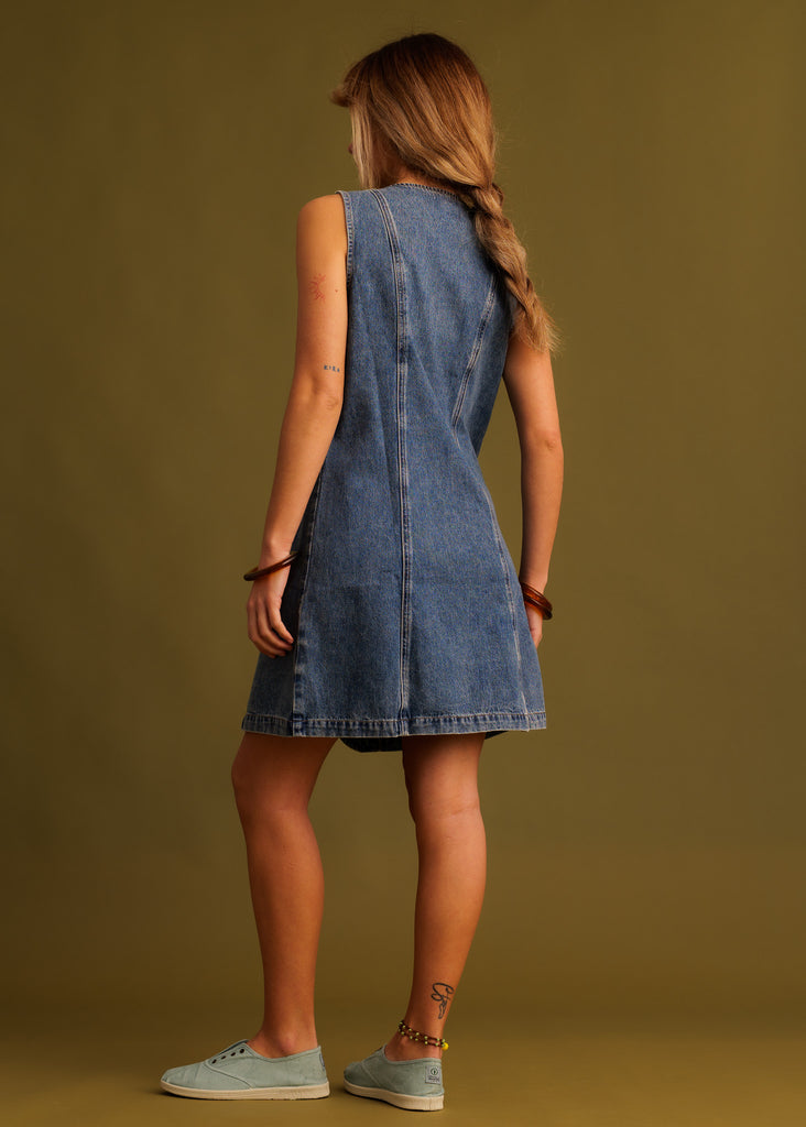 Romy Dress — Denim dress on model, back view — MYFASHIONFRUIT