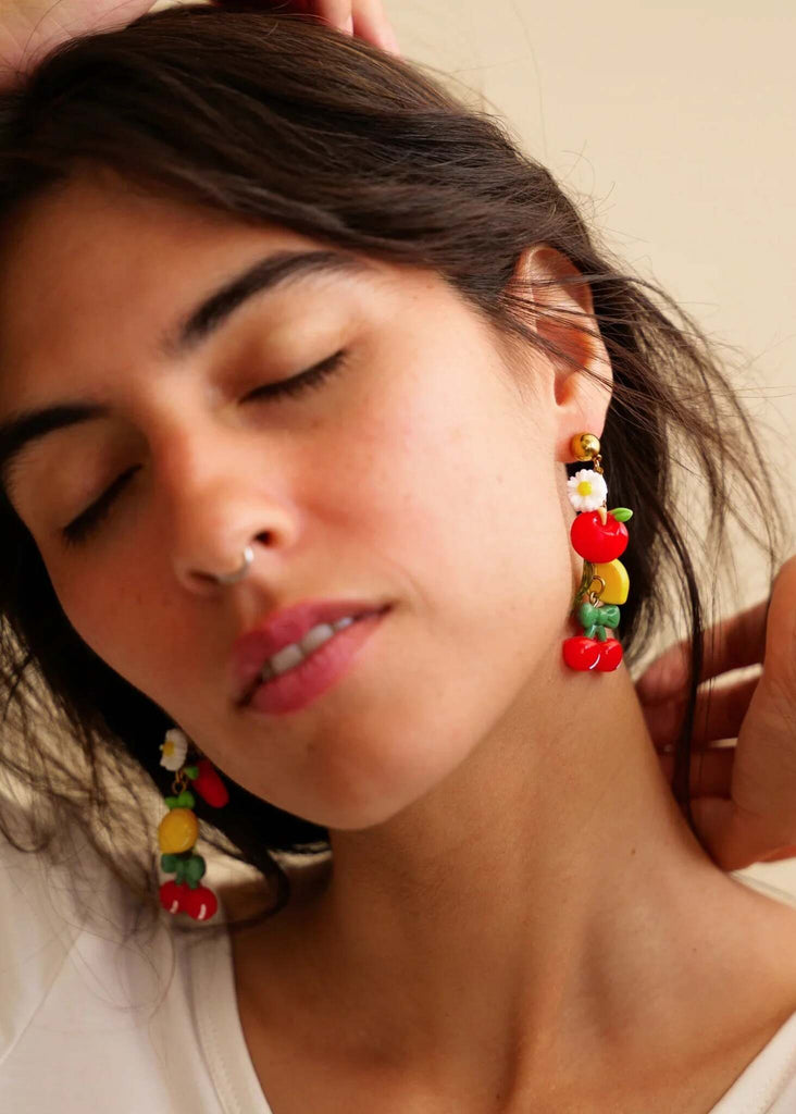 Sour Cherry Earrings — Fruits and daisy earrings on model — MYFASHIONFRUIT