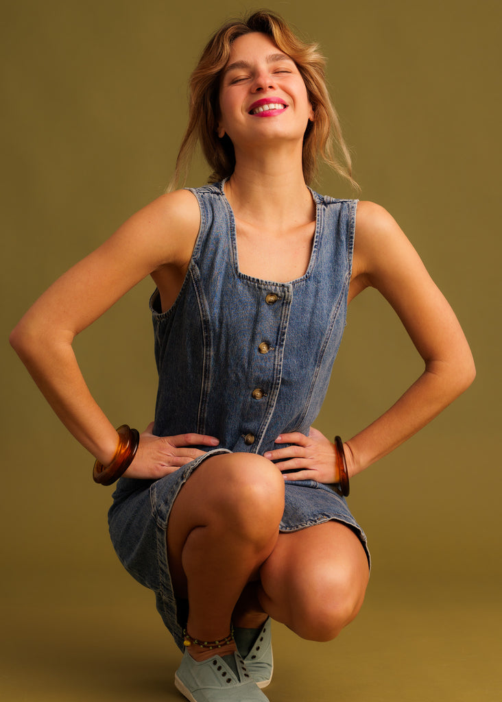 Romy Dress — Denim dress with buttons on model — MYFASHIONFRUIT