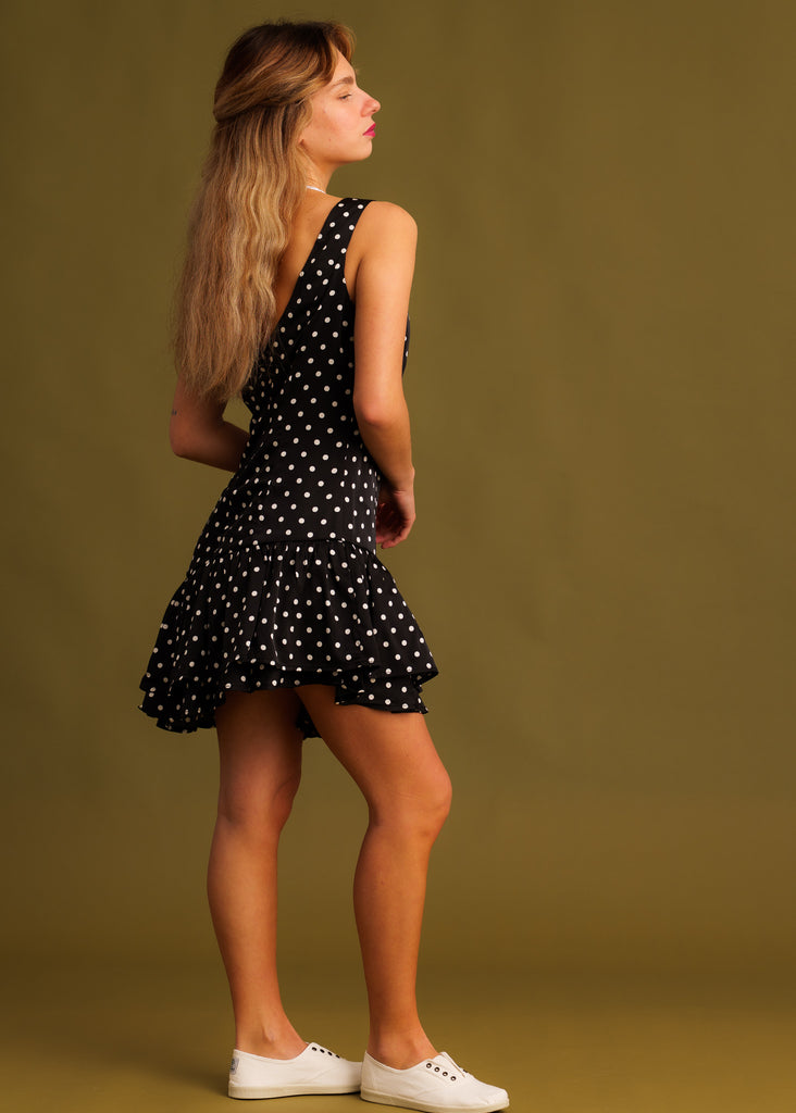 Minna Dress — Black polka dot dress on model — MYFASHIONFRUIT