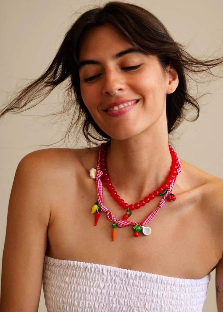 Jalapeño Set of 2 Necklaces — on model, red and gingham — MYFASHIONFRUIT